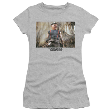 Athletic heather juniors t-shirt with The Goonies Sloth 1 graphic