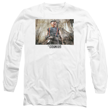 White men's long sleeve t-shirt with The Goonies Sloth 2 graphic