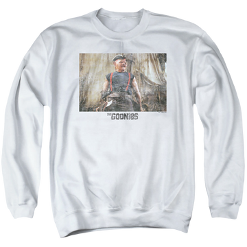 White men's crewneck sweatshirt with The Goonies Sloth 2 graphic