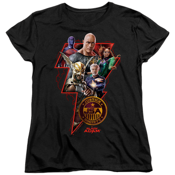 Black women's t-shirt with Black Adam Character Bolt graphic