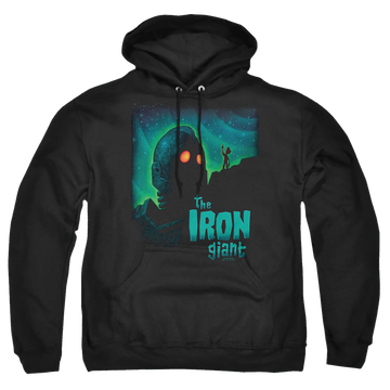 Black pullover hoodie with The Iron Giant Look To The Stars graphic