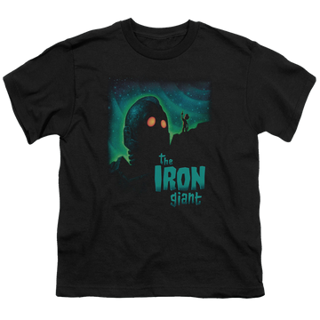 Black youth t-shirt for ages 8 to 12 with The Iron Giant Look To The Stars graphic