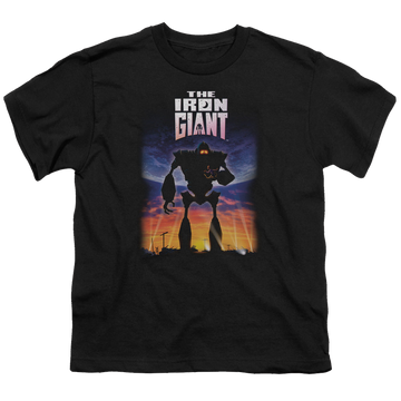 Black youth t-shirt for ages 8 to 12 with The Iron Giant Poster graphic