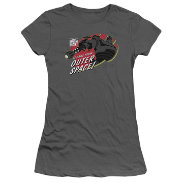 Charcoal juniors t-shirt with The Iron Giant Outer Space graphic