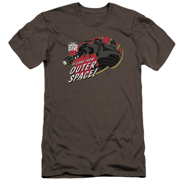 Charcoal men's premium slim fit t-shirt with The Iron Giant Outer Space graphic