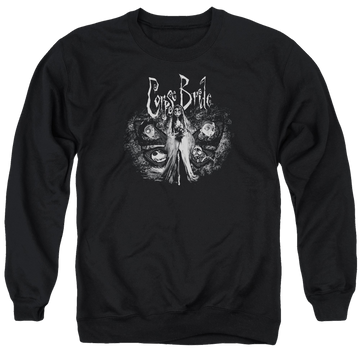 Black men's crewneck sweatshirt with Corpse Bride Bride To Be graphic