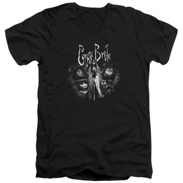 Black men's v-neck t-shirt with Corpse Bride Bride To Be graphic
