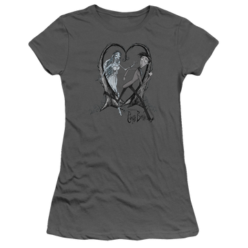 Charcoal juniors t-shirt with Corpse Bride Runaway Groom graphic