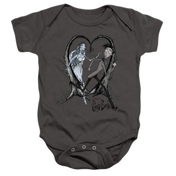 Charcoal baby bodysuit with Corpse Bride Runaway Groom graphic