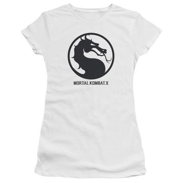 White juniors t-shirt with Mortal Kombat Seal graphic