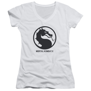 White juniors v-neck t-shirt with Mortal Kombat Seal graphic