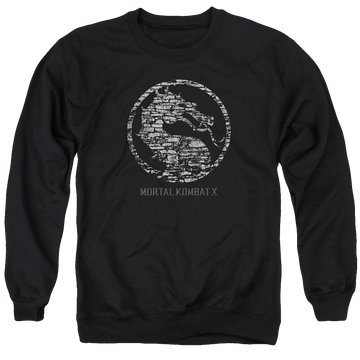 Black men's crewneck sweatshirt with Mortal Kombat Stone Seal graphic