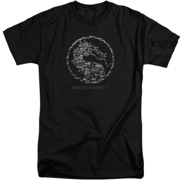 Black men's tall fit t-shirt with Mortal Kombat Stone Seal graphic