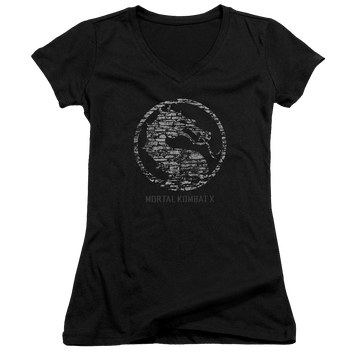 Black juniors v-neck t-shirt with Mortal Kombat Stone Seal graphic