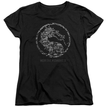 Black women's t-shirt with Mortal Kombat Stone Seal graphic