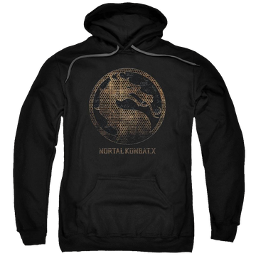 Black pullover hoodie with Mortal Kombat Metal Seal graphic