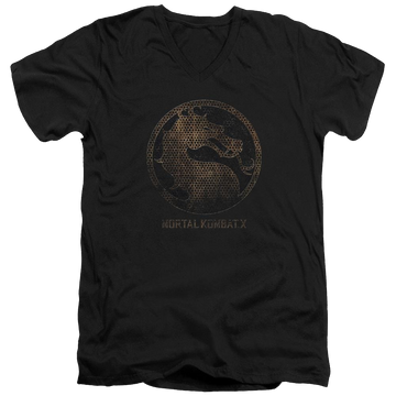 Black men's v-neck t-shirt with Mortal Kombat Metal Seal graphic