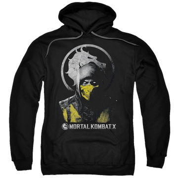 Black pullover hoodie with Mortal Kombat Scorpion Bust graphic