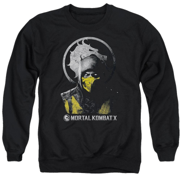 Black men's crewneck sweatshirt with Mortal Kombat Scorpion Bust graphic