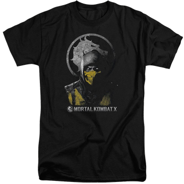 Black men's tall fit t-shirt with Mortal Kombat Scorpion Bust graphic