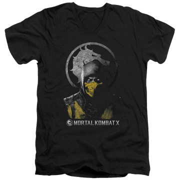 Black men's v-neck t-shirt with Mortal Kombat Scorpion Bust graphic