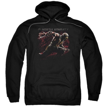 Black pullover hoodie with Mortal Kombat Scorpion Lunge graphic
