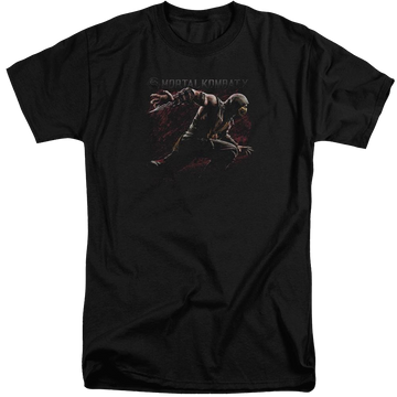 Black men's tall fit t-shirt with Mortal Kombat Scorpion Lunge graphic