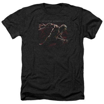 Charcoal men's heather t-shirt with Mortal Kombat Scorpion Lunge graphic
