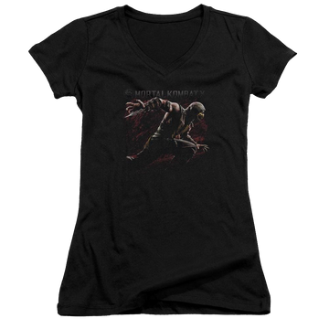 Black juniors v-neck t-shirt with Mortal Kombat Scorpion Lunge graphic