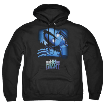 Black pullover hoodie with The Iron Giant Giant And Hogarth graphic