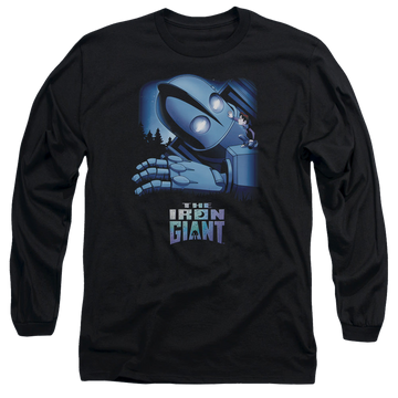 Black men's long sleeve t-shirt with The Iron Giant Giant And Hogarth graphic