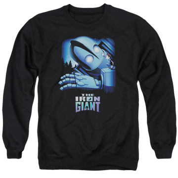 Black men's crewneck sweatshirt with The Iron Giant Giant And Hogarth graphic
