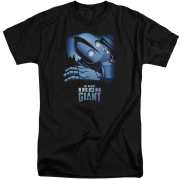 Black men's tall fit t-shirt with The Iron Giant Giant And Hogarth graphic