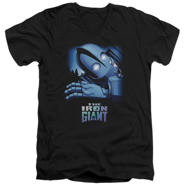 Black men's v-neck t-shirt with The Iron Giant Giant And Hogarth graphic