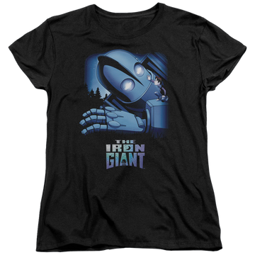 Black women's t-shirt with The Iron Giant Giant And Hogarth graphic