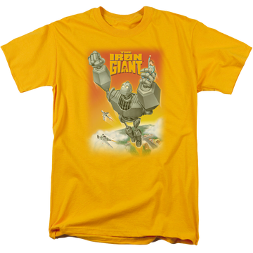 Gold men's regular fit t-shirt with The Iron Giant Fly Away graphic