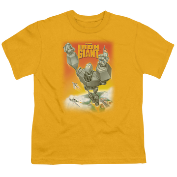 Gold youth t-shirt for ages 8 to 12 with The Iron Giant Fly Away graphic