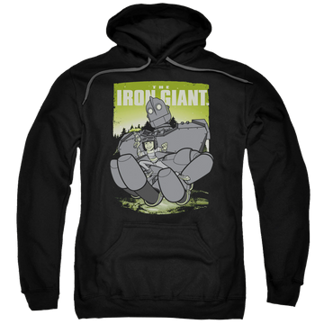 Black pullover hoodie with The Iron Giant Helping Hand graphic
