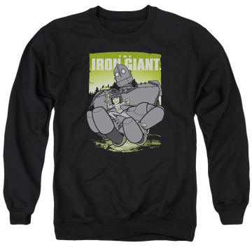 Black men's crewneck sweatshirt with The Iron Giant Helping Hand graphic
