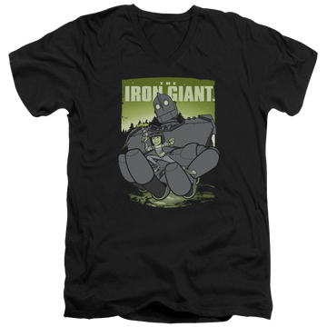 Black men's v-neck t-shirt with The Iron Giant Helping Hand graphic