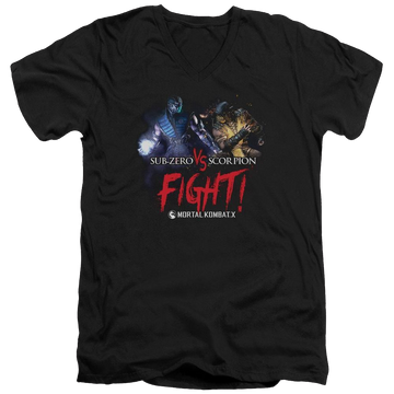Black men's v-neck t-shirt with Mortal Kombat Fight graphic