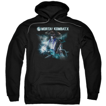 Black pullover hoodie with Mortal Kombat Raiden graphic