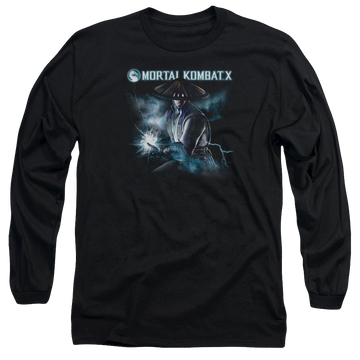 Black men's long sleeve t-shirt with Mortal Kombat Raiden graphic