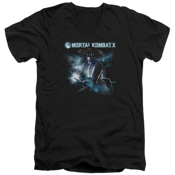Black men's v-neck t-shirt with Mortal Kombat Raiden graphic