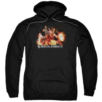 Black pullover hoodie with Mortal Kombat Scorpio Flames graphic