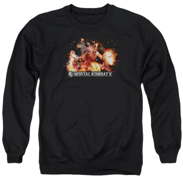 Black men's crewneck sweatshirt with Mortal Kombat Scorpio Flames graphic