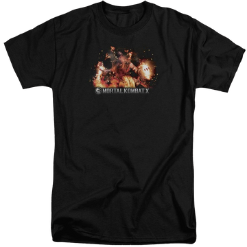 Black men's tall fit t-shirt with Mortal Kombat Scorpio Flames graphic