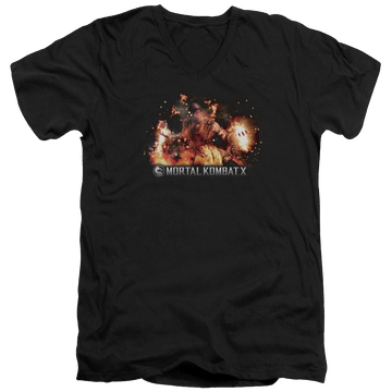 Black men's v-neck t-shirt with Mortal Kombat Scorpio Flames graphic