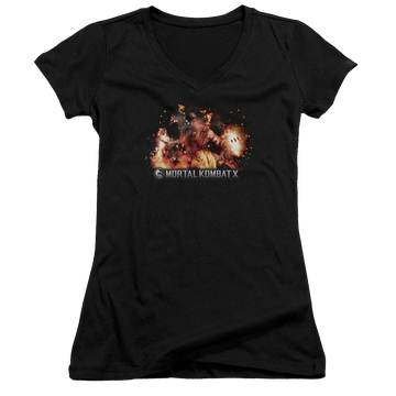 Black juniors v-neck t-shirt with Mortal Kombat Scorpio Flames graphic