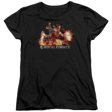 Black women's t-shirt with Mortal Kombat Scorpio Flames graphic